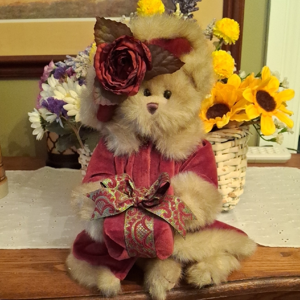 Charming Plush Bear in Burgundy Attire with Floral Detail